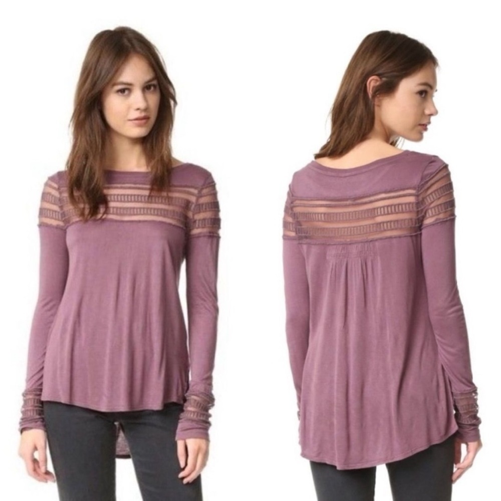 Free People Purple Roxie Mesh Insert Long Sleeve Tee - Size Small 👚